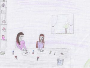 Ein Kind hat gemalt dass zwei Mädchen zusammen basteln