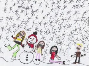 ein Kind hat einen Schneemann und ein paar Kinder gemalt
